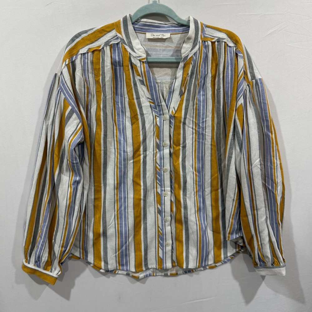 Doe and Rae Striped Button Down Blouse Mustard Yellow Blue Small Relaxed Boho
